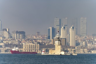The Maiden Tower lighthouse, Leander Tower or Maiden Tower in front of the skyline of Istanbul,