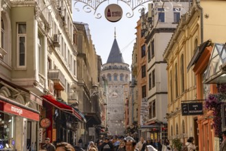 Shops, restaurants and the Galata Tower in Beyoglu, Istanbul, Turkey