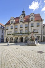 Town hall built in 1927 with dormer windows and market fountain, half-timbered house, Sigmaringen,