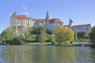 Hohenzollern Castle and Danube, river bank with autumn colours, landmark, castle, Sigmaringen,