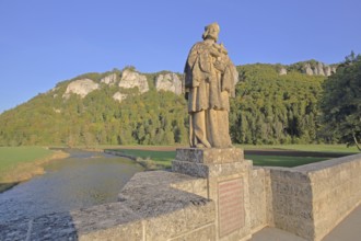 Saint Nepomuk statue and Danube with rock formations, landscape, rock cliffs, rocks, mountains,