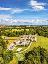 Floors Castle and garden from a drone, Duke of Roxburghe, Roxburghshire, Scotland, UK