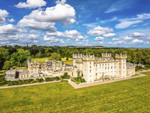 Floors Castle and garden from a drone, Duke of Roxburghe, Roxburghshire, Scotland, UK
