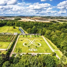 Gardens of Floors Castle from a drone, Duke of Roxburghe, Roxburghshire, Scotland, UK