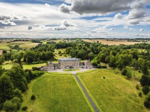 Marchmont House and garden from a drone, Marchmont Estate, Greenlaw, Berwickshire, Duns, Scotland,