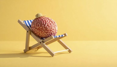 Brain relaxes on a sunbed under the summer sun, placed on a flat surface, symbol for mental health,