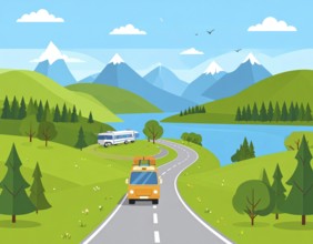 Traveling and hiking in mountain landscape, abstract vector illustration, AI generated image