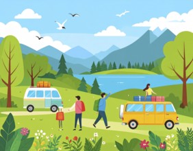 Traveling and hiking in mountain landscape, abstract vector illustration, AI generated image