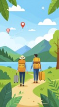Traveling and hiking in mountain landscape, abstract vector illustration, AI generated image