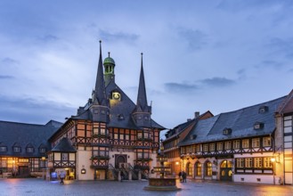 The town hall and market square in Wernigerode at dusk, Saxony-Anhalt, Germany