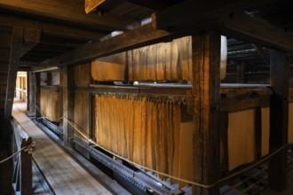 Cardboard hung up to dry, drying plant, factory hall, former paper factory and mill for the