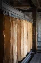 Cardboard hung up to dry, drying plant, factory hall, former paper factory and mill for the