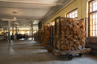 Carts with sawn logs for further processing, former paper factory and mill for the production of