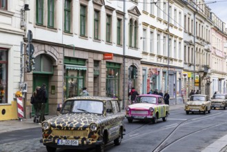 Row of Trabants in the trendy Neustadt neighbourhood, Dresden, Saxony, Germany