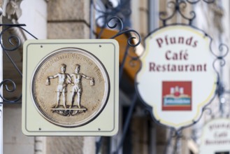 Façade signs on the Pfunds dairy, Neustadt, Dresden, Saxony, Germany