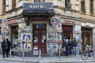Entrance area of the Musikhaus in the trendy Neustadt neighbourhood, Dresden, Saxony, Germany