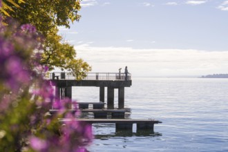 Footbridge at the water with people and autumn coloured trees in the background, Überlingen, Lake