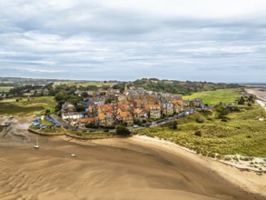 Alnmouth and River Aln Estuary from drone, Alnwick, Northumberland, England, United Kingdom