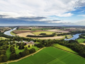 Paxton House over River Tweed from a drone, Paxton, Berwick-upon-Tweed, Berwickshire, Scotland, UK