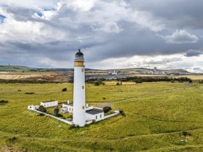 Rain Clouds over Barns Ness Lighthouse from a drone, Dunbar, East Lothian, Scotland, UK