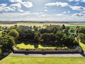 Ruins of Dirleton Castle & Gardens from a drone, Dirleton, East Lothian, Scotland, UK