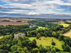 Hutton Castle from a drone, Whiteadder Water, Chirnside, Scottish Borders, UK