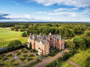 Tyninghame House over River Tyne from a drone, East Lothian, Scotland, UK