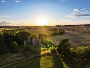 Ruins of Hailes Castle over River Tyne from a drone, East Linton, East Lothian, Scotland, UK