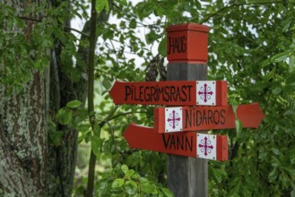 Signpost to Nidaros for pilgrims with the Olav's Cross, Olav's Way or Olavsleden, Eidsvoll,