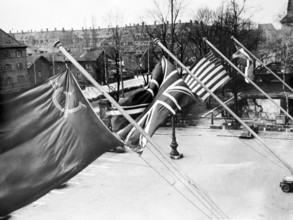 Nuremberg Trials, the Allied flags at the courthouse, Nuremberg 1946