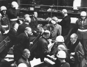 Nuremberg Trials, main war criminals, view of the dock. Keitel, Hess, Nuremberg 1946