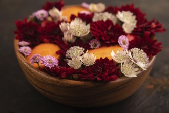 Wooden bowl with carrot slices and red Chrysanthemum flowers, Astrantia flowers, flower salad on