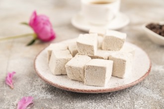 Coffee marshmallow with cup of coffee on brown concrete background. side view, close up, selective