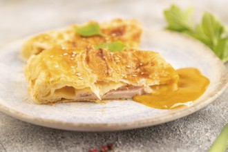 Fried homemade Khachapuri cake with cheese and meat, fried in pan. Traditional Georgian cuisine on