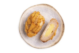 Chicken schnitzel on blue plate isolated on white background. top view, flat lay, copy space