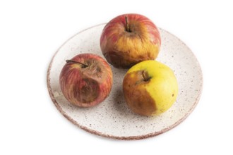 Decaying, Rotting apples on ceramic plate isolated on white background. Side view, copy space,