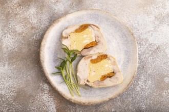 Chicken, egg and dried apricot meatloaf isolated on white. Diet, healthy eating. top view, copy