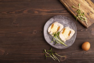 Chicken, egg and dried apricot meatloaf, microgreen on brown wooden. Diet, healthy eating. top