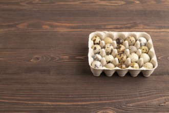 Pile of raw Quail eggs on brown wooden background. side view, flat lay, copy space