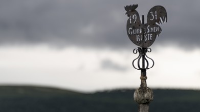Spire with metal weather vane, spire cock, Gudbrandsdalen or Gudbrandsdalen Valley, Norway