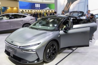 Munich, Germany - 10.9.2025: An Xpeng P7+ from the Chinese car manufacturer Xpeng during the IAA