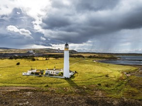 Rain Clouds over Barns Ness Lighthouse from a drone, Dunbar, East Lothian, Scotland, UK
