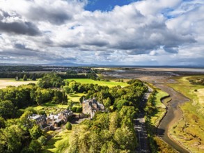 Luffness Castle from a drone, Aberlady, East Lothian, Scotland, UK
