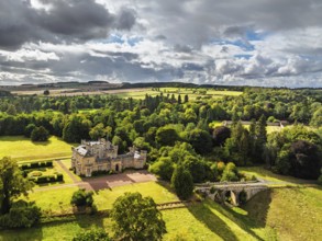 Oxenfoord Castle from a drone, Midlothian, Scotland, UK