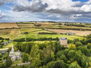 Borthwick Castle from a drone, Midlothian, Scotland, UK