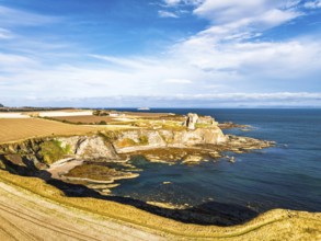 Ruins of Tantallon Castle from a drone, North Berwick, East Lothian, Scotland, UK