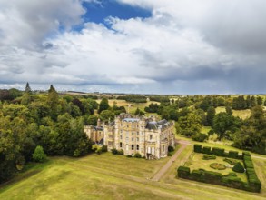 Oxenfoord Castle from a drone, Midlothian, Scotland, UK