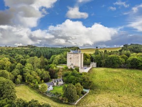 Borthwick Castle from a drone, Midlothian, Scotland, UK
