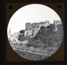 Magic lantern slide by Poulton of Durham cathedral church, Durham, River Wear, England, UK c 1900
