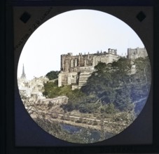 Colorised magic lantern slide by Poulton of Durham cathedral church, River Wear, Durham, England,